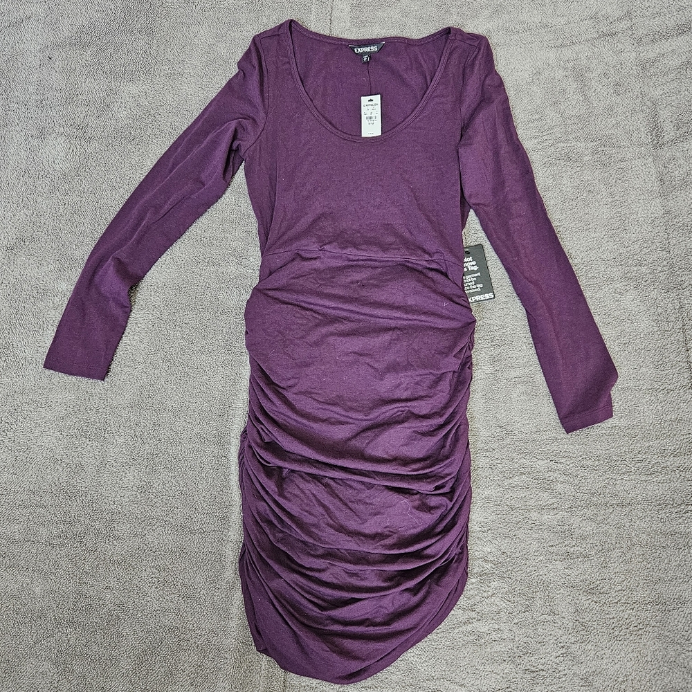 Express Dress Ruched Bodycon Purple Long Sleeve New Womens Size M